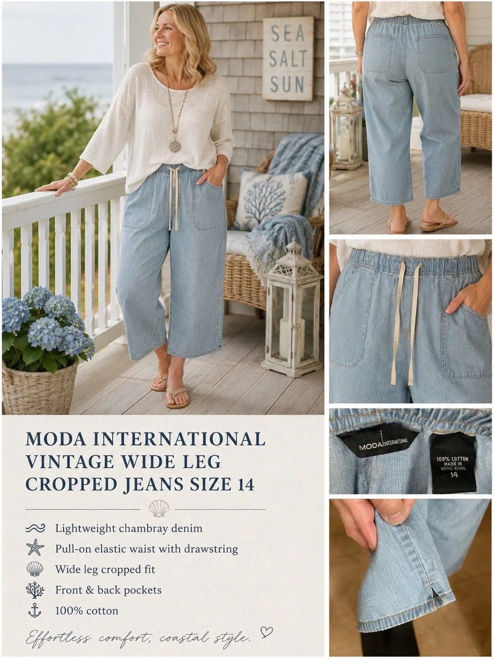 Moda International Vintage Wide Leg Cropped Jeans Size 14 Chambray Denim